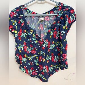Hollister Navy Floral Blouse with Red and Green Accents
